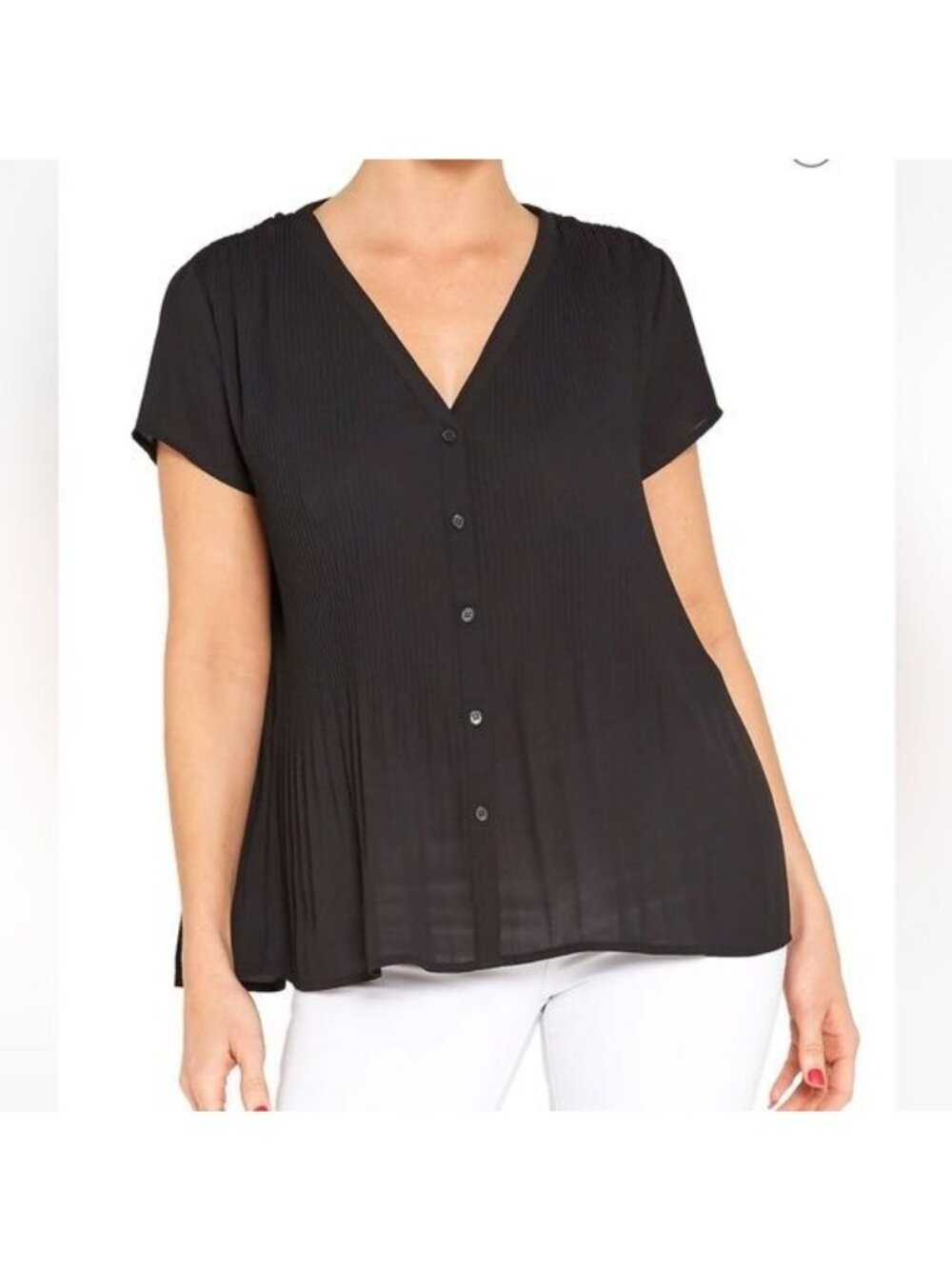 Pleione Plisse Blouse XS Short Sleeve Button Front V Neck Pleated Black Chic NEW
